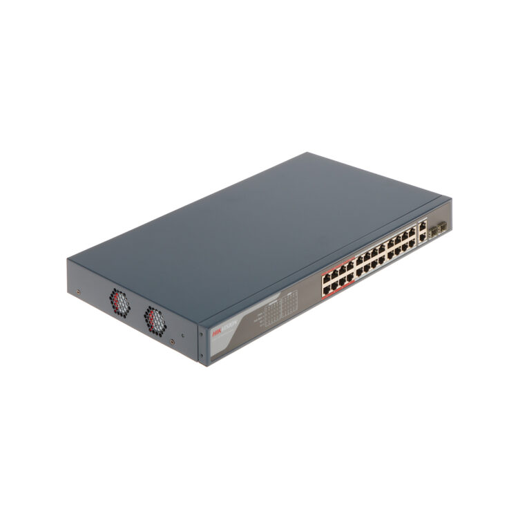 Hikvision L2 Smart Managed Switch 24 10/100M RJ45 PoE ports 2 Gigabit combo ports 802.3af/at PoE power budget 370W Max. 300 meter long distance PoE transmission