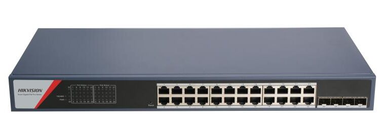 Hikvision L2 Smart Managed 24 Gigabit PoE ports 4 Gigabit SFP ports 802.3af/at PoE power budget 370W HPP Cloud managed VLAN STP/RSTP loop prefention DHCP Snooping ACL IP&MAC filter based on port SNMP V1/V2C Max. 300 meter PoE transmission Rack mount